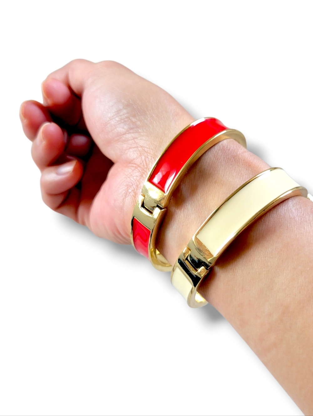 Stylish Gold Tone Red & Cream Enamel Bow Cuff Bracelet Bundle (2pc) - Picture 3 of 8